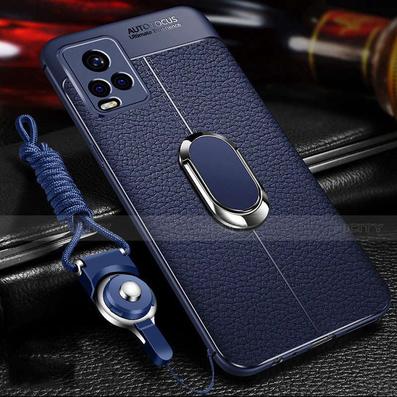 Funda Silicona Goma de Cuero Carcasa con Magnetico Anillo de dedo Soporte para Vivo V20 Pro 5G Azul