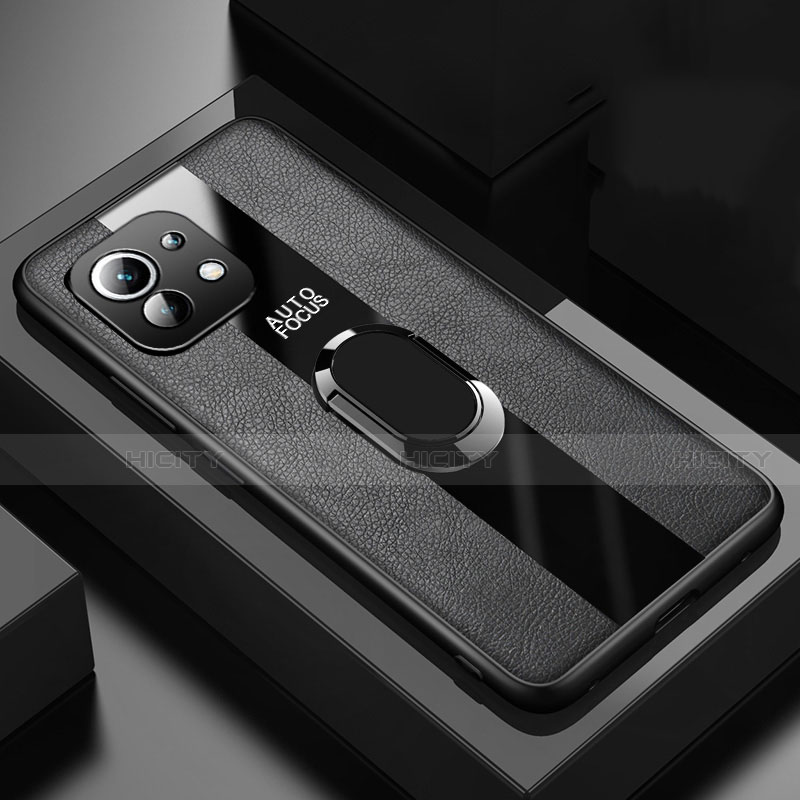 Funda Silicona Goma de Cuero Carcasa con Magnetico Anillo de dedo Soporte para Xiaomi Mi 11 Lite 5G NE Negro