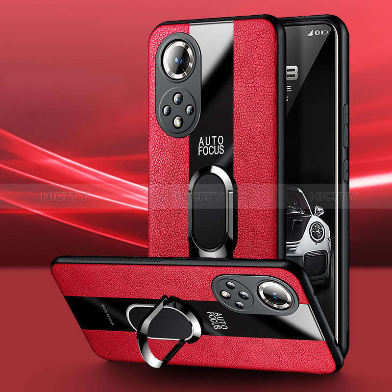 Funda Silicona Goma de Cuero Carcasa con Magnetico Anillo de dedo Soporte PB1 para Huawei Honor 50 5G Rojo