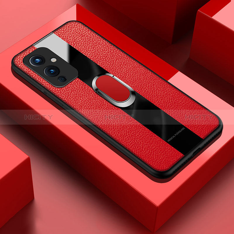 Funda Silicona Goma de Cuero Carcasa con Magnetico Anillo de dedo Soporte PB1 para OnePlus 9 5G Rojo