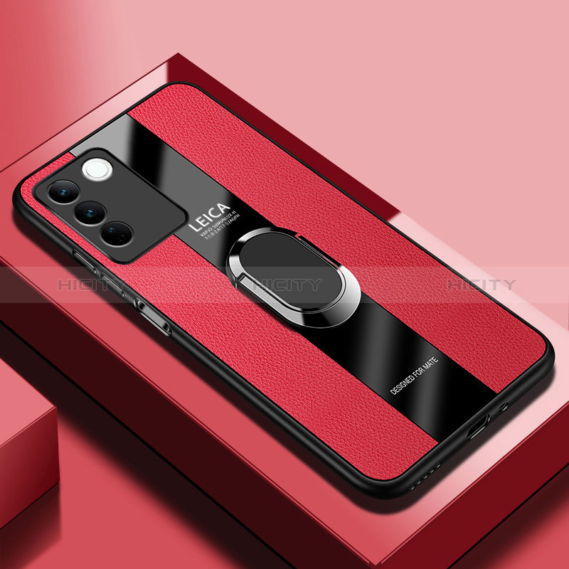 Funda Silicona Goma de Cuero Carcasa con Magnetico Anillo de dedo Soporte PB1 para Vivo V27 5G Rojo