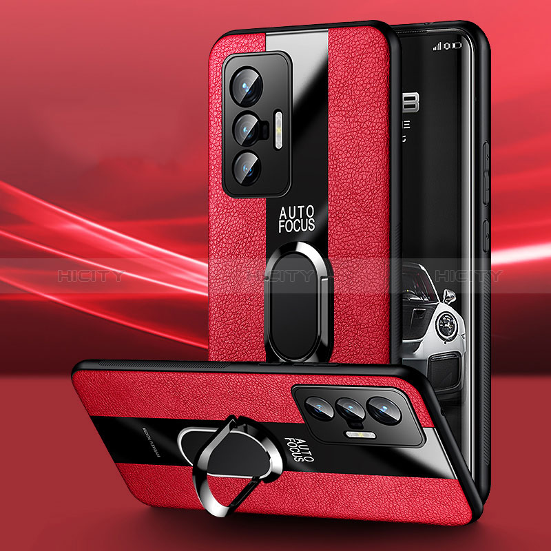 Funda Silicona Goma de Cuero Carcasa con Magnetico Anillo de dedo Soporte PB1 para Vivo X70t Rojo