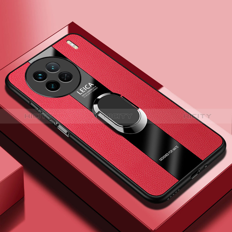 Funda Silicona Goma de Cuero Carcasa con Magnetico Anillo de dedo Soporte PB1 para Vivo X90 Pro+ Plus 5G Rojo