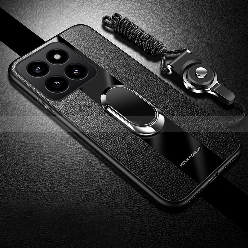 Funda Silicona Goma de Cuero Carcasa con Magnetico Anillo de dedo Soporte PB1 para Xiaomi Mi 14 5G Negro