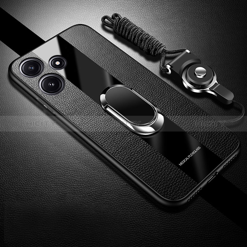 Funda Silicona Goma de Cuero Carcasa con Magnetico Anillo de dedo Soporte PB1 para Xiaomi Redmi 12 5G Negro