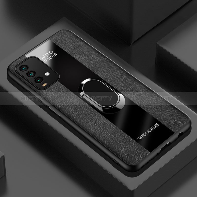 Funda Silicona Goma de Cuero Carcasa con Magnetico Anillo de dedo Soporte PB1 para Xiaomi Redmi 9 Power Negro