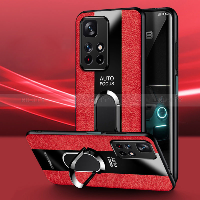 Funda Silicona Goma de Cuero Carcasa con Magnetico Anillo de dedo Soporte PB1 para Xiaomi Redmi Note 11 4G (2021) Rojo