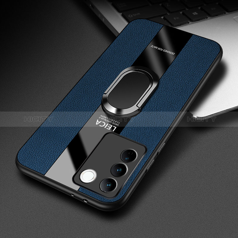 Funda Silicona Goma de Cuero Carcasa con Magnetico Anillo de dedo Soporte PB2 para Vivo V27 5G Azul