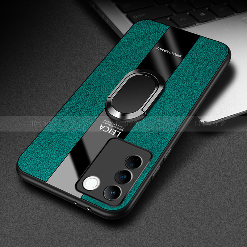 Funda Silicona Goma de Cuero Carcasa con Magnetico Anillo de dedo Soporte PB2 para Vivo V27 Pro 5G Verde