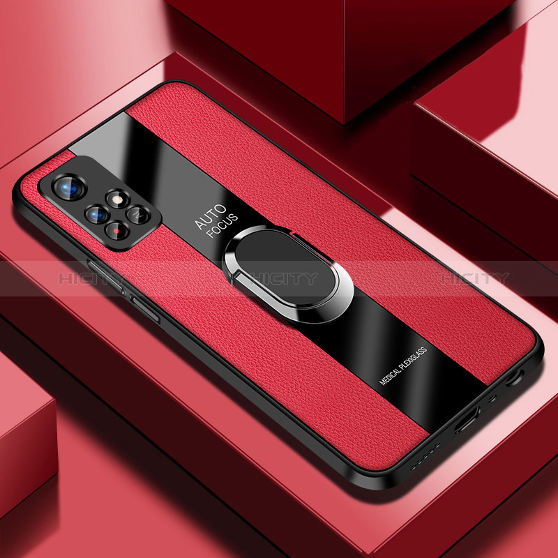 Funda Silicona Goma de Cuero Carcasa con Magnetico Anillo de dedo Soporte PB2 para Xiaomi Redmi Note 11 5G Rojo