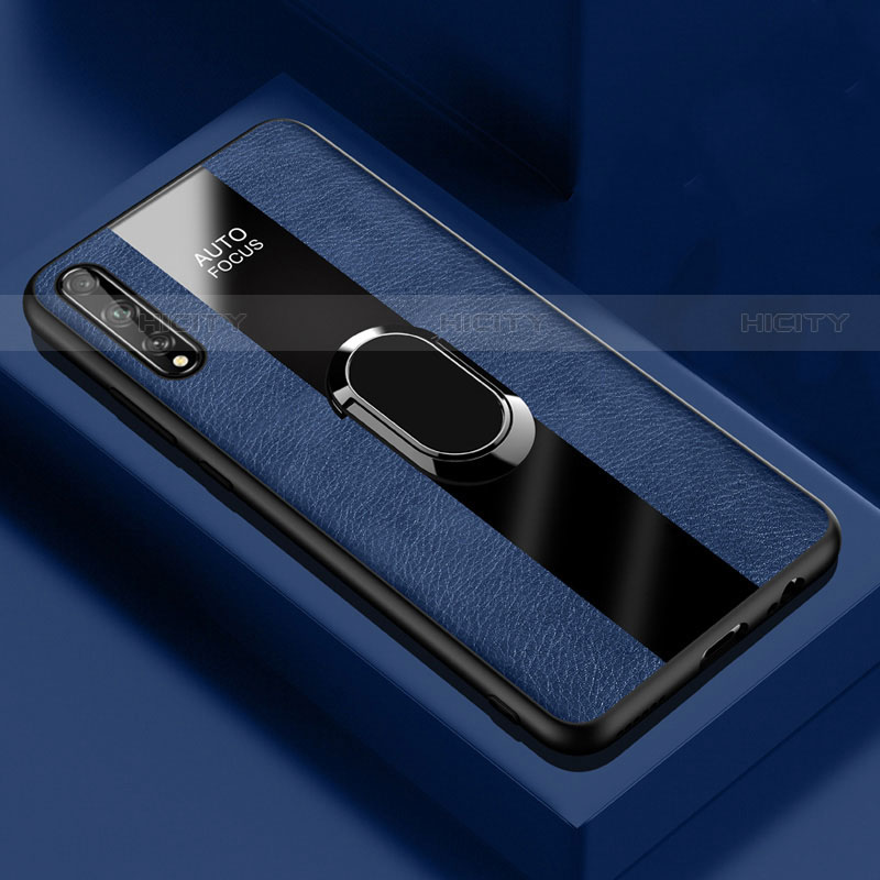 Funda Silicona Goma de Cuero Carcasa con Magnetico Anillo de dedo Soporte S01 para Huawei P smart S Azul