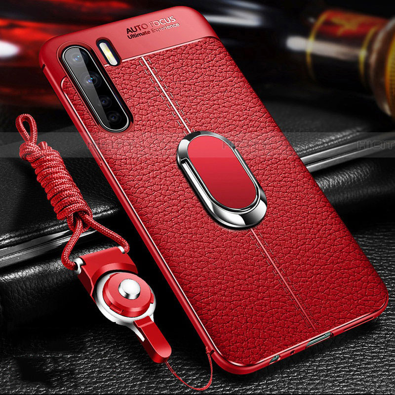 Funda Silicona Goma de Cuero Carcasa con Magnetico Anillo de dedo Soporte S01 para Oppo A91 Rojo