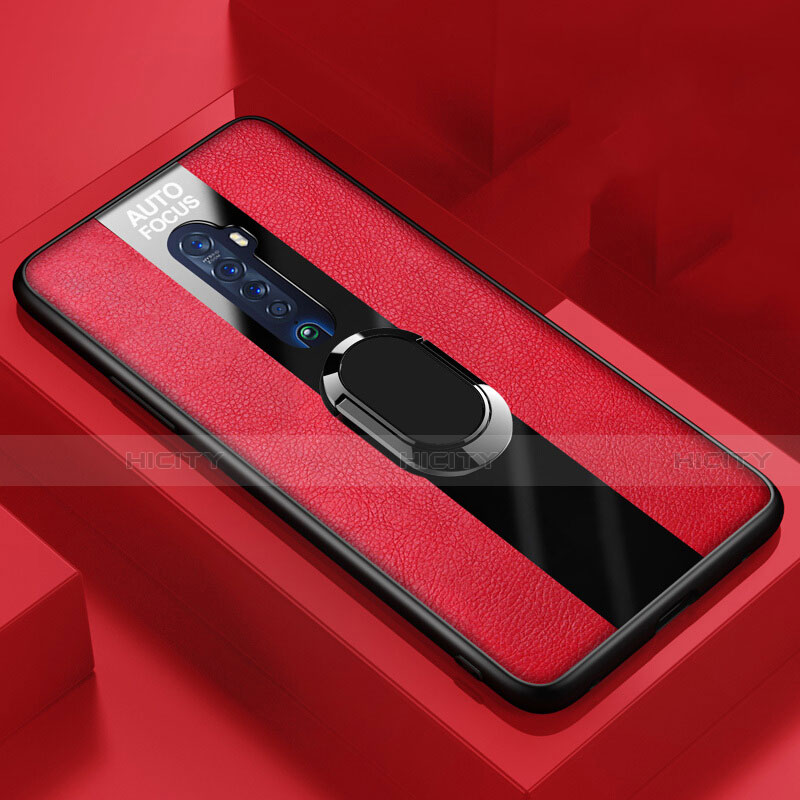 Funda Silicona Goma de Cuero Carcasa con Magnetico Anillo de dedo Soporte S01 para Oppo Reno2 Rojo