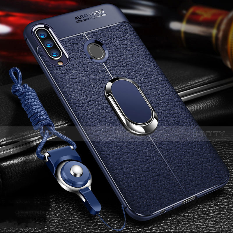 Funda Silicona Goma de Cuero Carcasa con Magnetico Anillo de dedo Soporte S01 para Samsung Galaxy A20s Azul