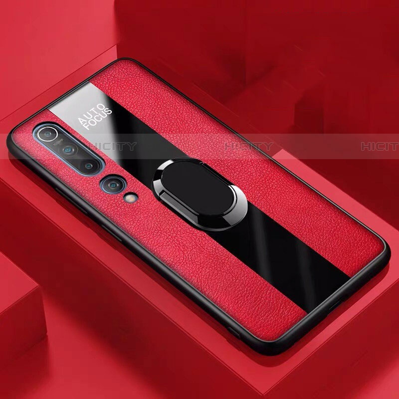 Funda Silicona Goma de Cuero Carcasa con Magnetico Anillo de dedo Soporte S01 para Xiaomi Mi 10 Rojo