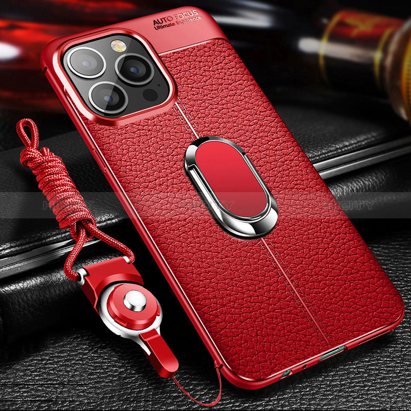 Funda Silicona Goma de Cuero Carcasa con Magnetico Anillo de dedo Soporte S02 para Apple iPhone 14 Pro Max Rojo