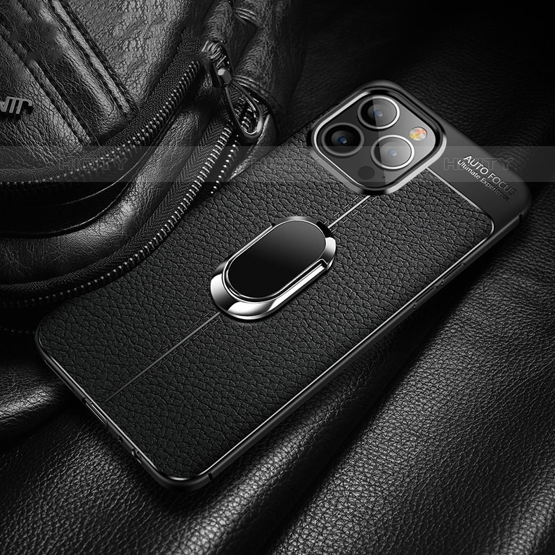 Funda Silicona Goma de Cuero Carcasa con Magnetico Anillo de dedo Soporte S02 para Apple iPhone 15 Pro