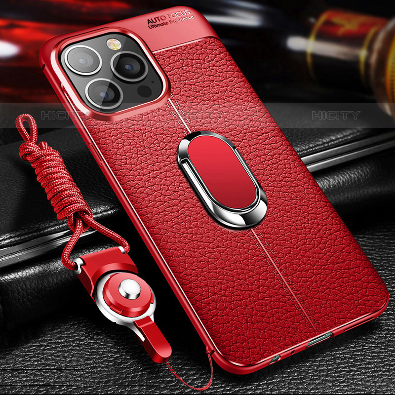 Funda Silicona Goma de Cuero Carcasa con Magnetico Anillo de dedo Soporte S02 para Apple iPhone 15 Pro Rojo