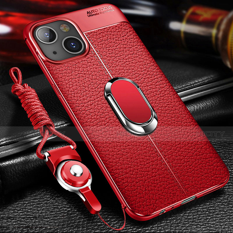 Funda Silicona Goma de Cuero Carcasa con Magnetico Anillo de dedo Soporte S02 para Apple iPhone 15 Rojo