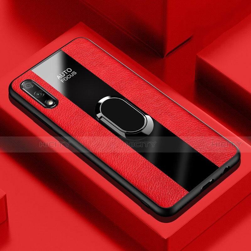 Funda Silicona Goma de Cuero Carcasa con Magnetico Anillo de dedo Soporte S02 para Huawei Honor 9X Rojo