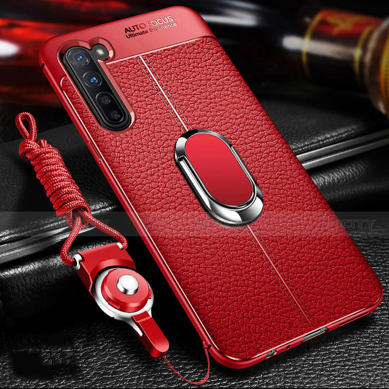 Funda Silicona Goma de Cuero Carcasa con Magnetico Anillo de dedo Soporte S02 para Oppo F15 Rojo