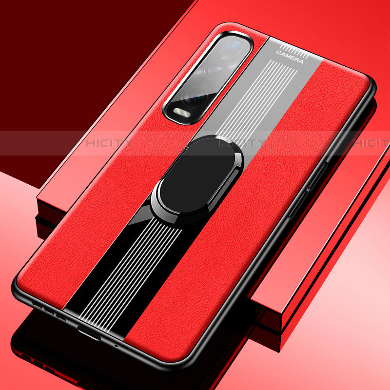 Funda Silicona Goma de Cuero Carcasa con Magnetico Anillo de dedo Soporte S02 para Oppo Find X2 Pro Rojo