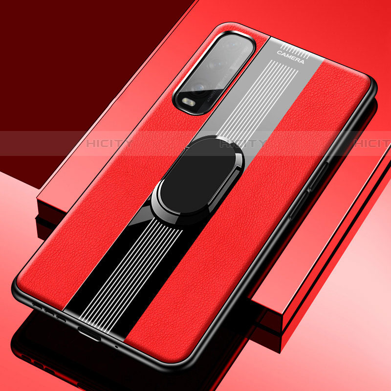 Funda Silicona Goma de Cuero Carcasa con Magnetico Anillo de dedo Soporte S02 para Oppo Find X2 Rojo