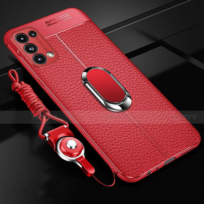 Funda Silicona Goma de Cuero Carcasa con Magnetico Anillo de dedo Soporte S02 para Oppo Reno5 Pro 5G Rojo