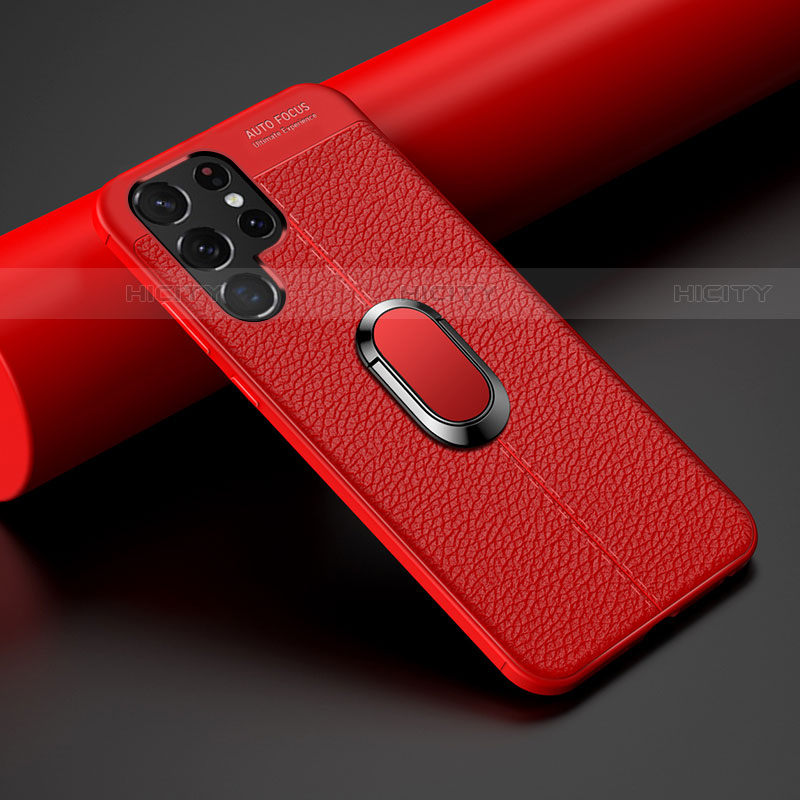 Funda Silicona Goma de Cuero Carcasa con Magnetico Anillo de dedo Soporte S02 para Samsung Galaxy S23 Ultra 5G Rojo