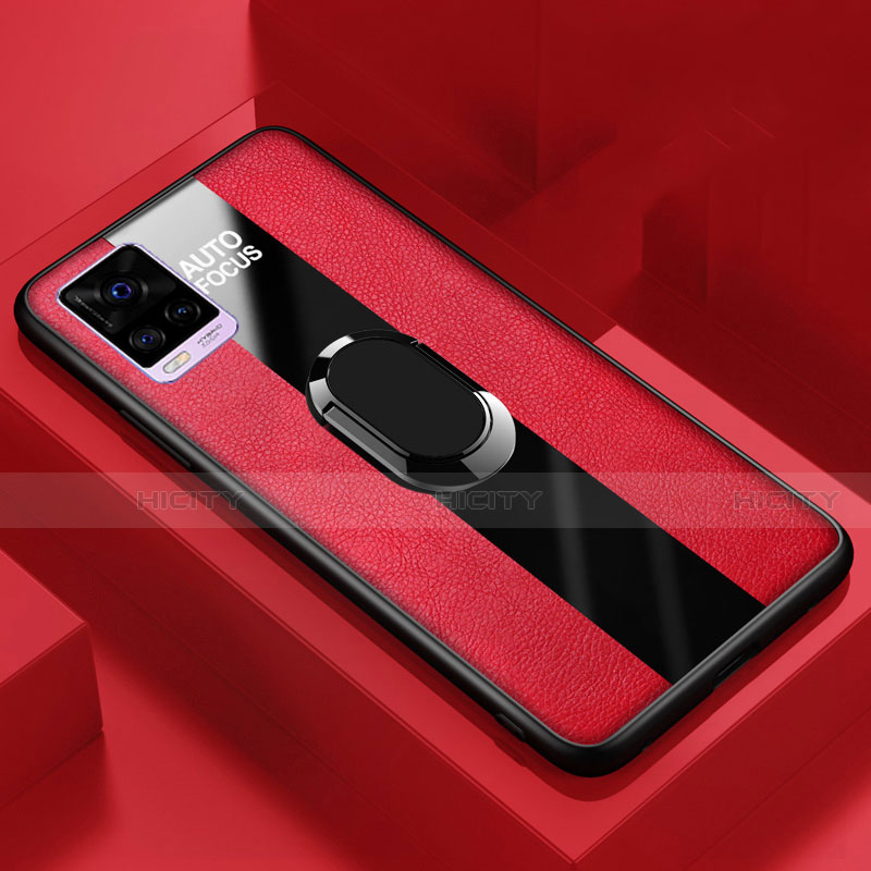 Funda Silicona Goma de Cuero Carcasa con Magnetico Anillo de dedo Soporte S02 para Vivo V20 Pro 5G Rojo