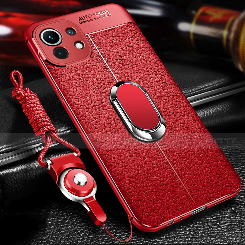 Funda Silicona Goma de Cuero Carcasa con Magnetico Anillo de dedo Soporte S02 para Xiaomi Mi 11 Lite 4G Rojo