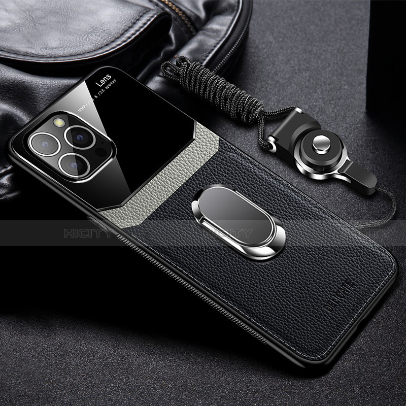 Funda Silicona Goma de Cuero Carcasa con Magnetico Anillo de dedo Soporte S03 para Apple iPhone 13 Pro Max Negro