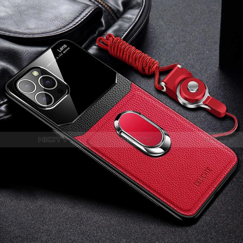 Funda Silicona Goma de Cuero Carcasa con Magnetico Anillo de dedo Soporte S03 para Apple iPhone 13 Pro Rojo