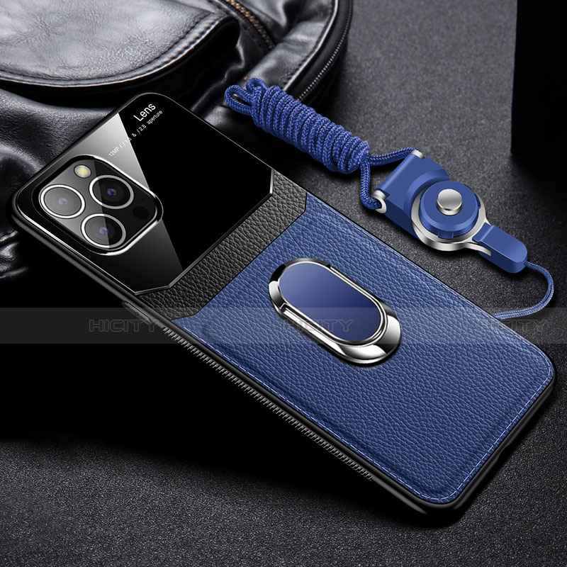 Funda Silicona Goma de Cuero Carcasa con Magnetico Anillo de dedo Soporte S03 para Apple iPhone 14 Pro Azul