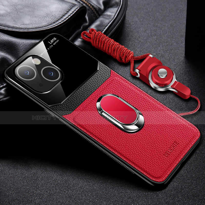 Funda Silicona Goma de Cuero Carcasa con Magnetico Anillo de dedo Soporte S03 para Apple iPhone 15 Rojo