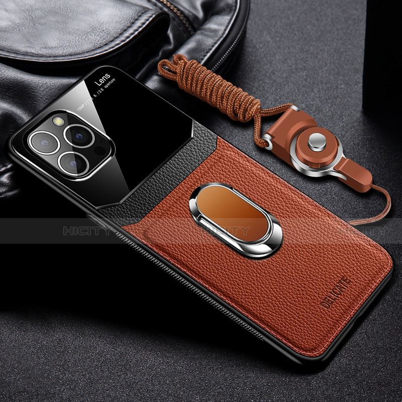 Funda Silicona Goma de Cuero Carcasa con Magnetico Anillo de dedo Soporte S03 para Apple iPhone 16 Pro Max Marron