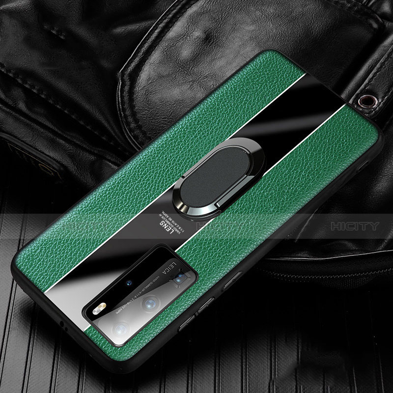 Funda Silicona Goma de Cuero Carcasa con Magnetico Anillo de dedo Soporte S04 para Huawei P40 Pro Verde