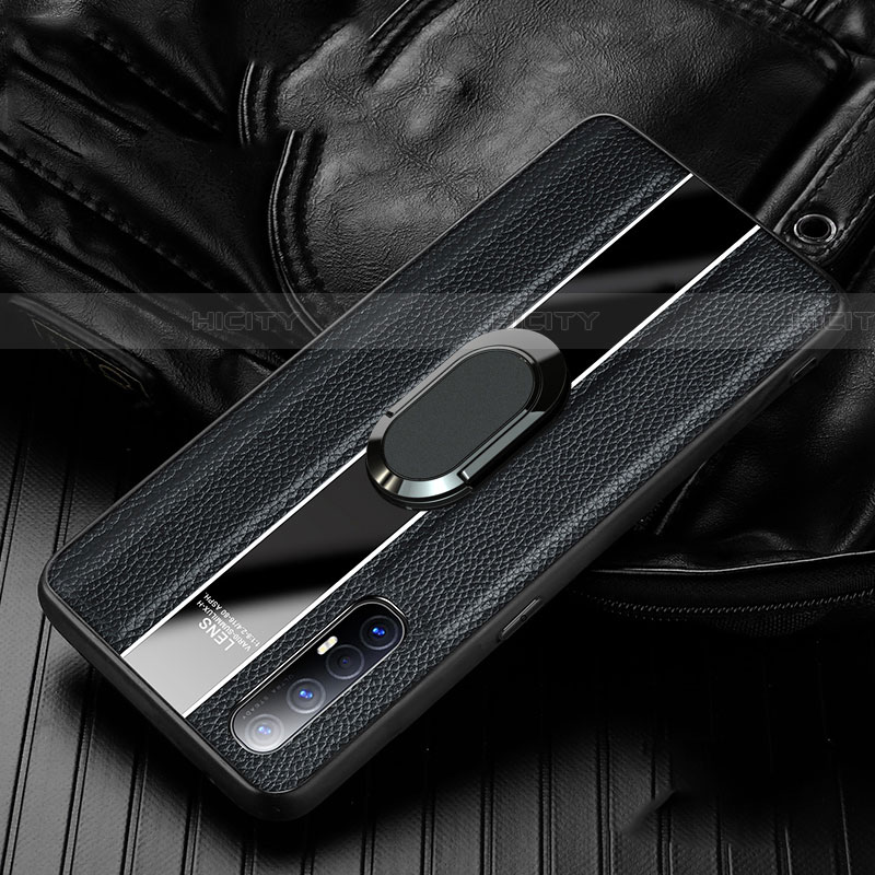 Funda Silicona Goma de Cuero Carcasa con Magnetico Anillo de dedo Soporte S04 para Oppo Reno3 Pro Negro