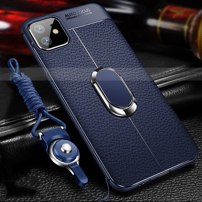 Funda Silicona Goma de Cuero Carcasa con Magnetico Anillo de dedo Soporte T01 para Apple iPhone 11 Azul