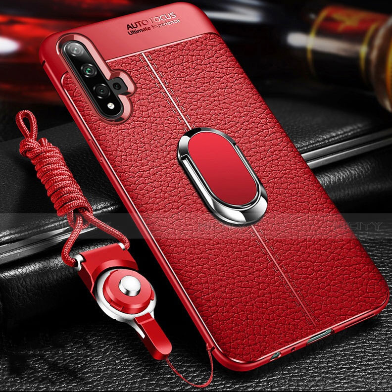 Funda Silicona Goma de Cuero Carcasa con Magnetico Anillo de dedo Soporte T01 para Huawei Honor 20 Rojo