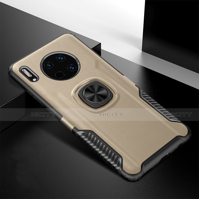 Funda Silicona Goma de Cuero Carcasa con Magnetico Anillo de dedo Soporte T01 para Huawei Mate 30 5G Oro