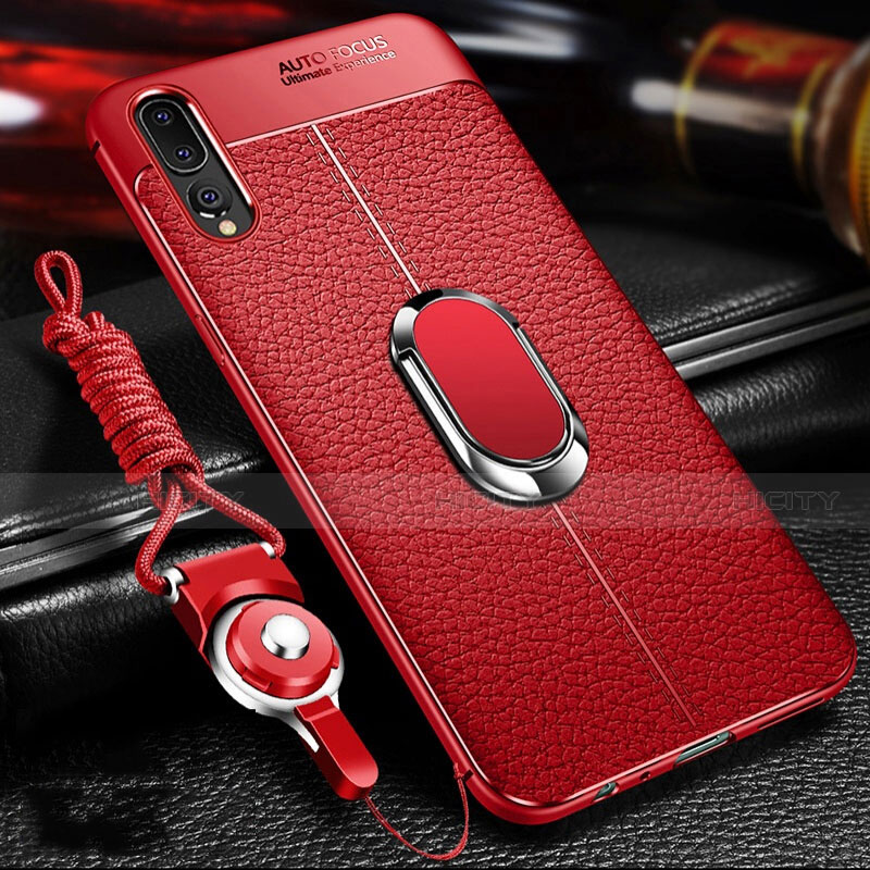 Funda Silicona Goma de Cuero Carcasa con Magnetico Anillo de dedo Soporte T01 para Huawei P20 Pro Rojo