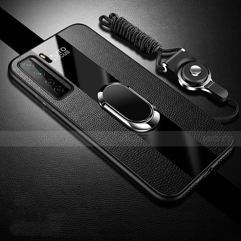 Funda Silicona Goma de Cuero Carcasa con Magnetico Anillo de dedo Soporte T01 para Huawei P40 Lite 5G Negro