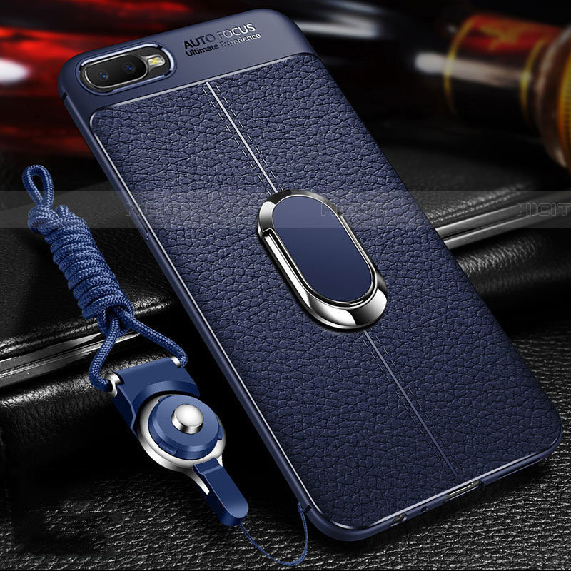 Funda Silicona Goma de Cuero Carcasa con Magnetico Anillo de dedo Soporte T01 para Oppo R17 Neo Azul