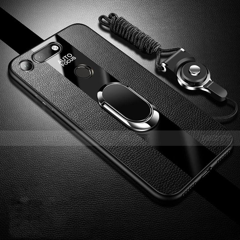 Funda Silicona Goma de Cuero Carcasa con Magnetico Anillo de dedo Soporte T02 para Huawei Honor View 20 Negro