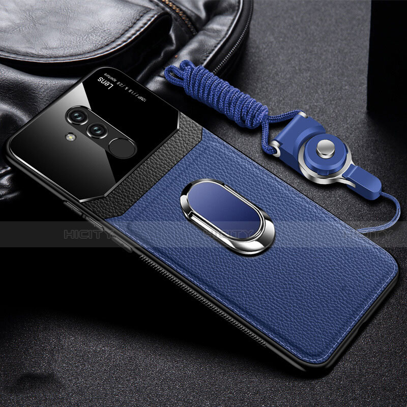 Funda Silicona Goma de Cuero Carcasa con Magnetico Anillo de dedo Soporte T02 para Huawei Mate 20 Lite Azul