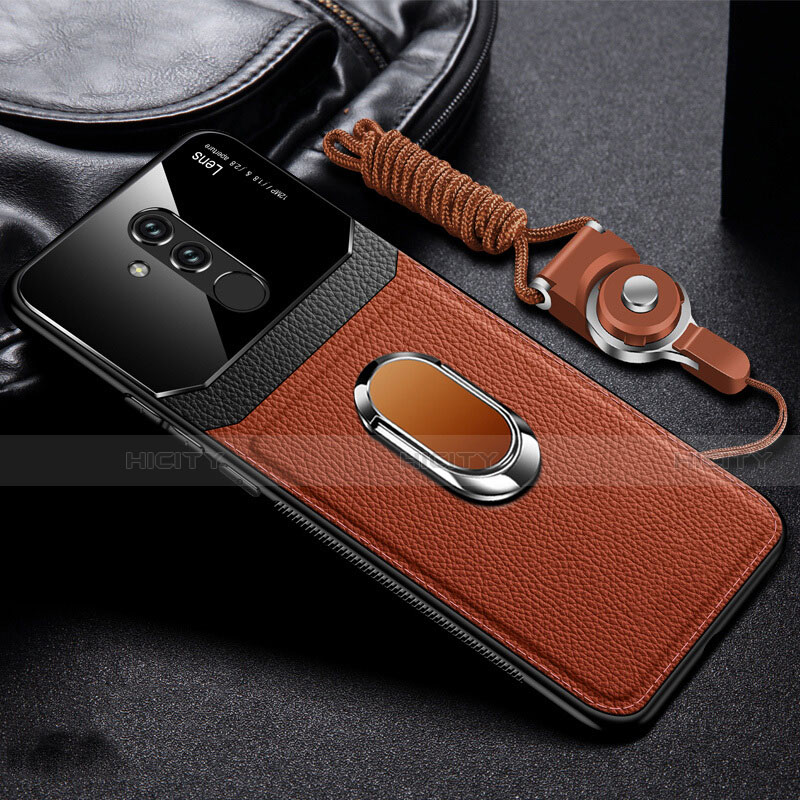 Funda Silicona Goma de Cuero Carcasa con Magnetico Anillo de dedo Soporte T02 para Huawei Mate 20 Lite Marron