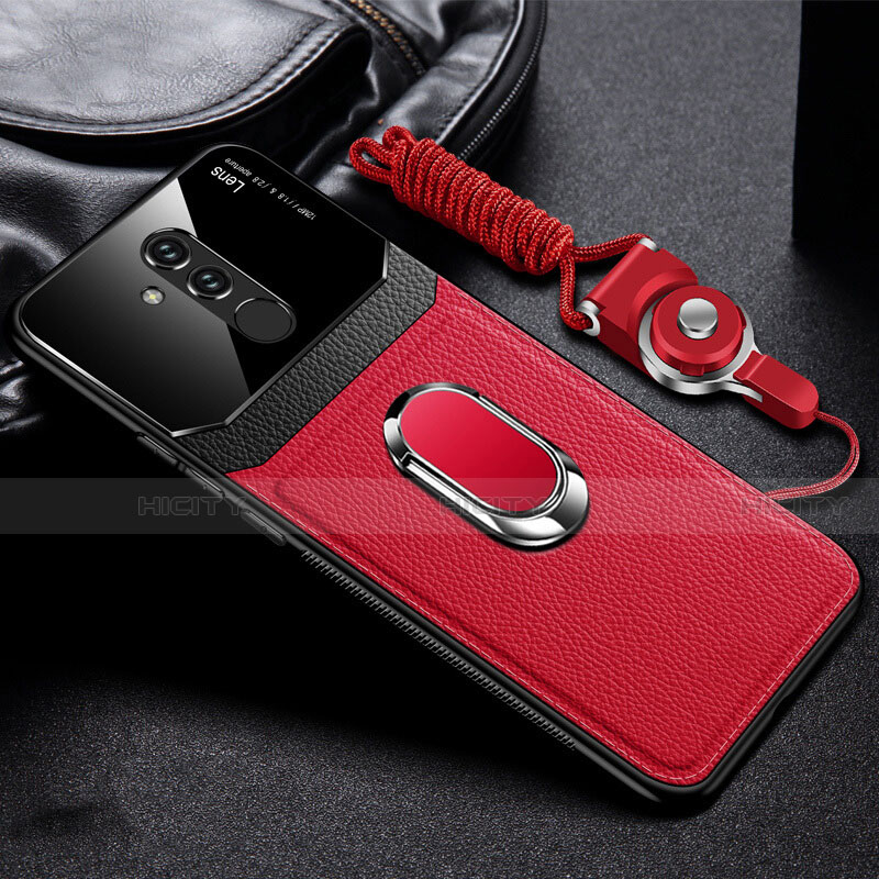 Funda Silicona Goma de Cuero Carcasa con Magnetico Anillo de dedo Soporte T02 para Huawei Mate 20 Lite Rojo