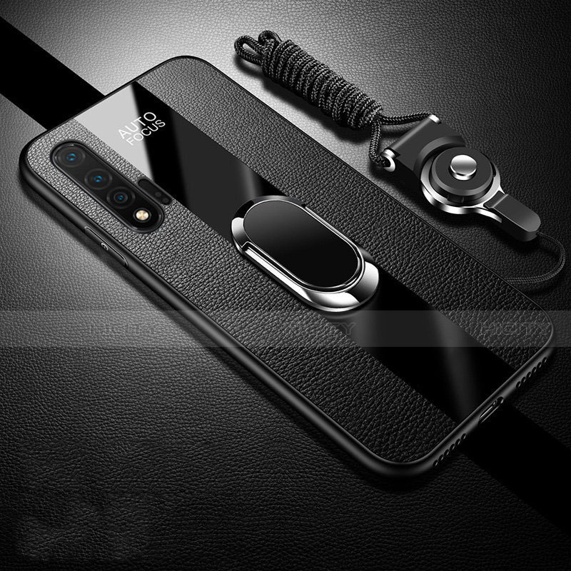 Funda Silicona Goma de Cuero Carcasa con Magnetico Anillo de dedo Soporte T02 para Huawei Nova 6 Negro