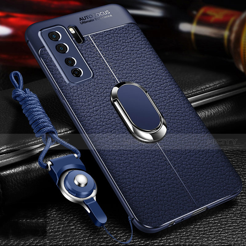 Funda Silicona Goma de Cuero Carcasa con Magnetico Anillo de dedo Soporte T02 para Huawei P40 Lite 5G Azul